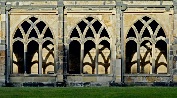 The cloisters, the place where monks would have studied, originally had glazed windows, some of which had stained glass. 